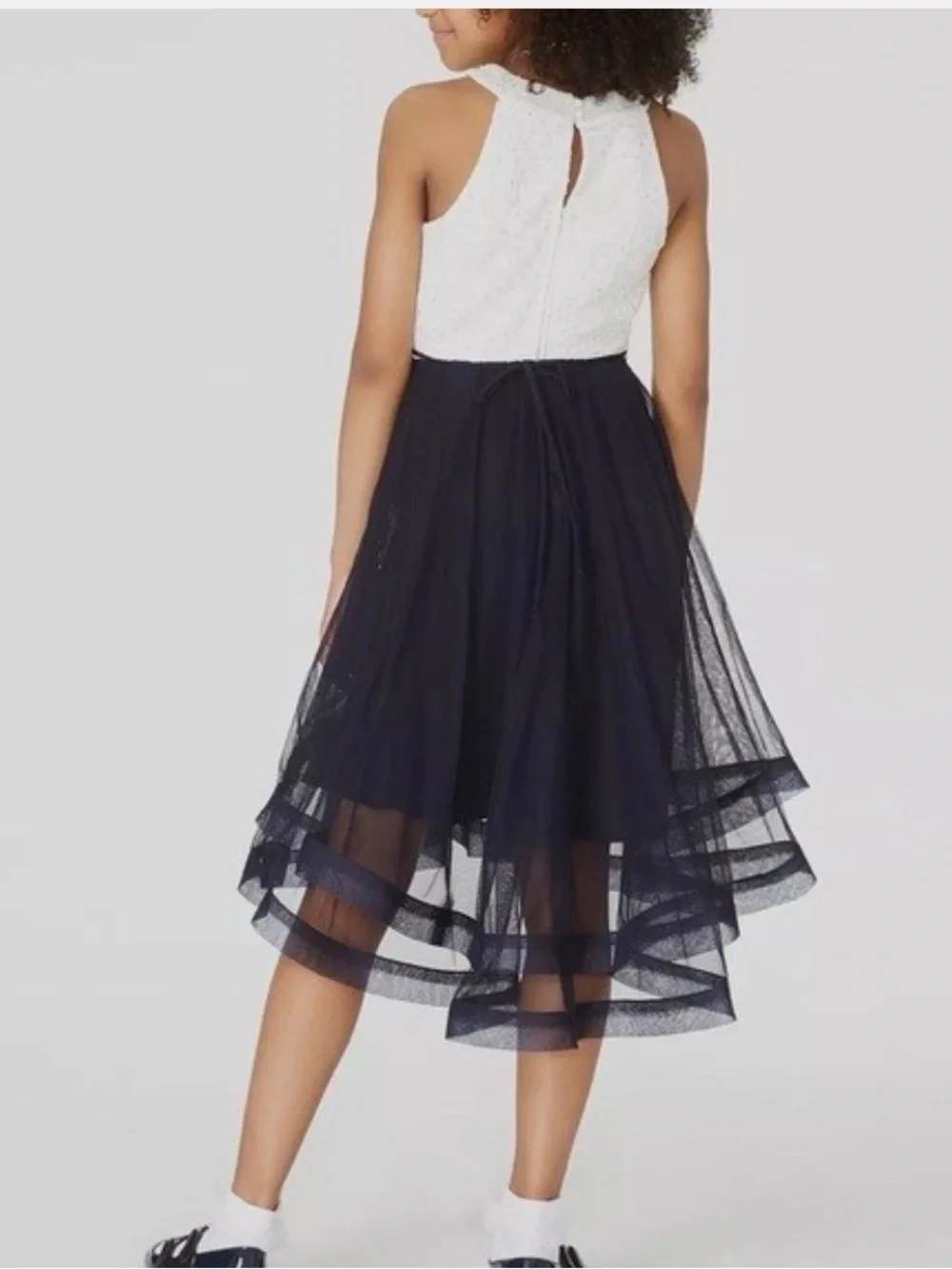 Speechless White Lace and Navy Tulle High-Low Formal Dress